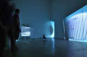 Vue de l’installation de Laura Gozlan pour l’exposition *Briser la glace*, présentée au Magasin-CNAC du 29 mai au 4 septembre 2016. Photographie&thinsp;: Léa Deshusses